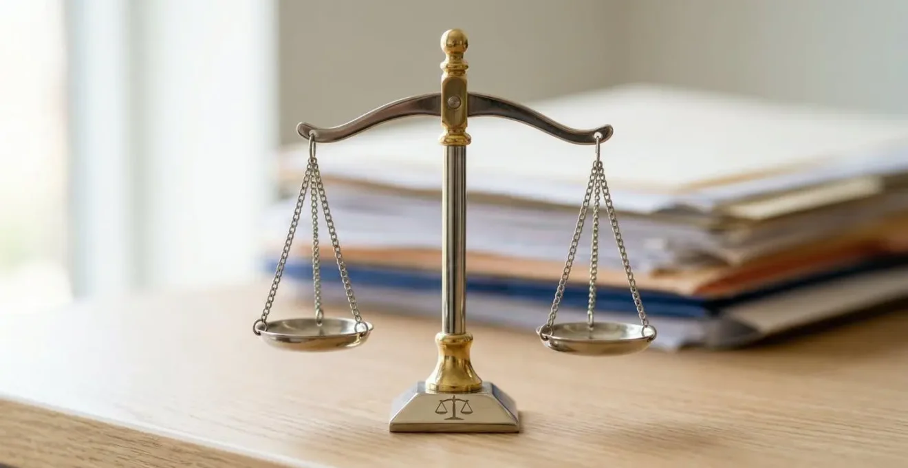 Gros plan sur une balance de justice posée sur un bureau moderne, avec des documents floutés en arrière-plan créant un effet de profondeur