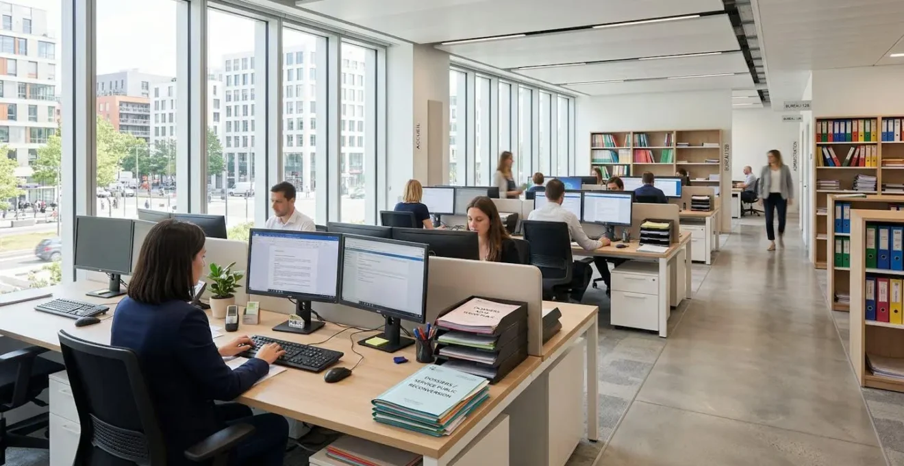 Vue en angle large d'un bureau administratif contemporain avec des dossiers bien rangés et une lumière naturelle abondante, environnement institutionnel moderne