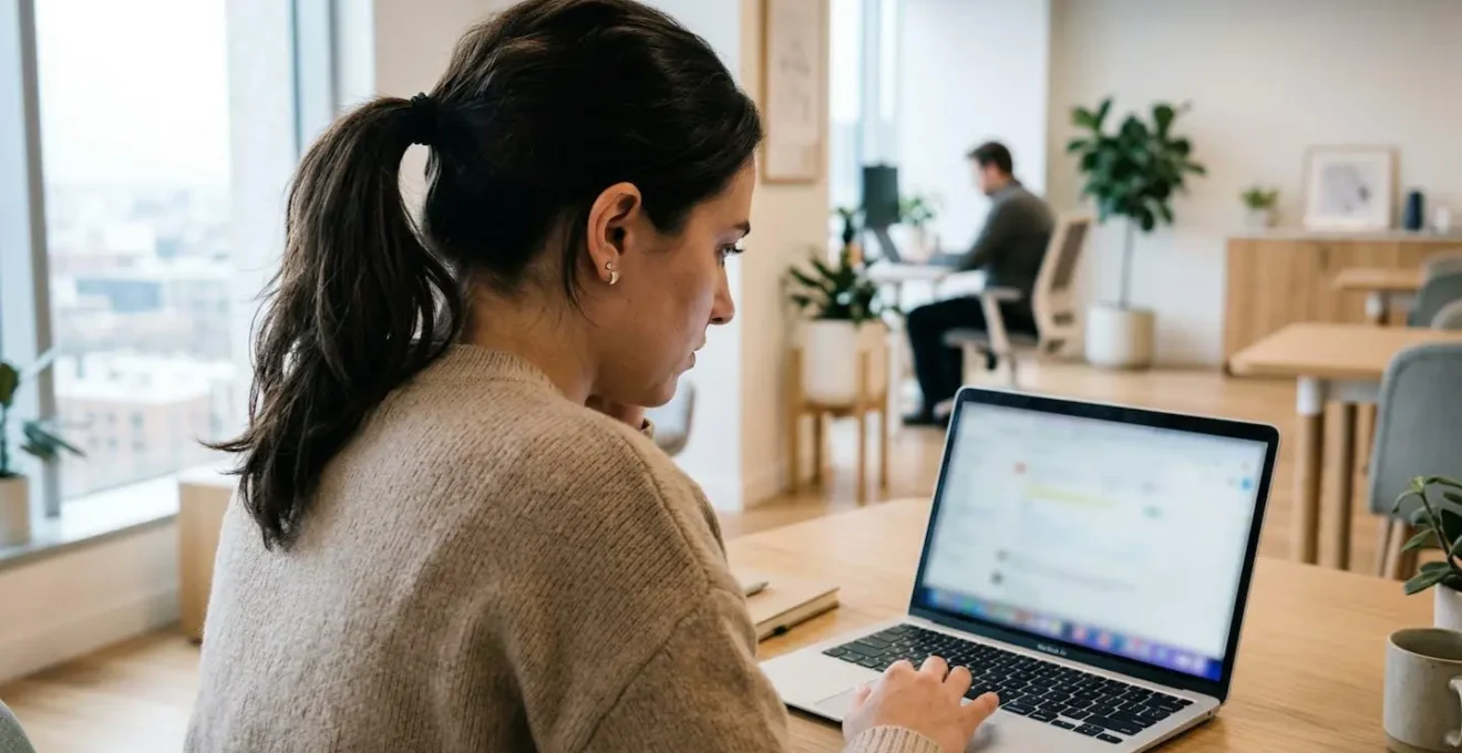 Une personne vue de dos consulte un écran d'ordinateur portable dans un bureau contemporain lumineux, posture concentrée reflétant une préoccupation