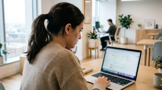 Une personne vue de dos consulte un écran d'ordinateur portable dans un bureau contemporain lumineux, posture concentrée reflétant une préoccupation